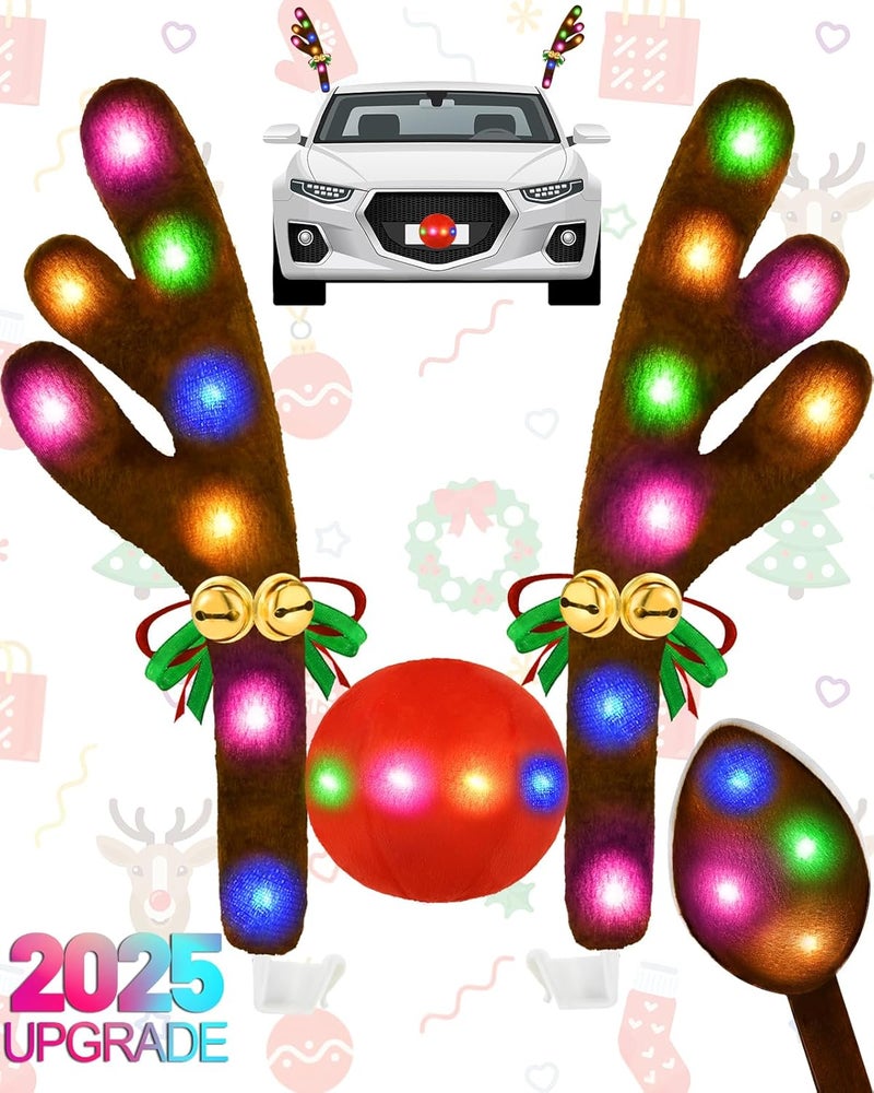 Dergo Christmas Reindeer Antlers Car Decoration Kit 2025, LED Lights Nose Vehicle with Jingle Bells Rudolph, Cute Costume Auto Holiday Accessories for SUV Van Truck Decor Multicolor - Image 1